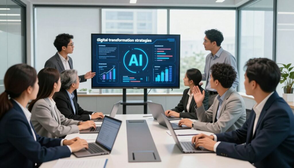 A dynamic and engaging corporate training scene illustrating "digital transformation strategies" in an Indonesian setting. In the foreground, a diverse group of professionals in business attire, including men and women of various ethnicities, congregates around a modern conference table equipped with laptops and digital devices, eagerly discussing strategies. In the middle ground, an interactive digital display showcases AI-related infographics and progress charts. The background features a sleek office environment with large windows allowing natural light to stream in, enhancing the vibrant and motivating atmosphere. The lighting should be bright yet soft, creating an inviting workspace ambiance. The overall mood is one of collaboration and innovation, capturing the essence of strategic digital transformation through AI in corporate training. A dynamic and engaging corporate training scene illustrating "digital transformation strategies" in an Indonesian setting. In the foreground, a diverse group of professionals in business attire, including men and women of various ethnicities, congregates around a modern conference table equipped with laptops and digital devices, eagerly discussing strategies. In the middle ground, an interactive digital display showcases AI-related infographics and progress charts. The background features a sleek office environment with large windows allowing natural light to stream in, enhancing the vibrant and motivating atmosphere. The lighting should be bright yet soft, creating an inviting workspace ambiance. The overall mood is one of collaboration and innovation, capturing the essence of strategic digital transformation through AI in corporate training.