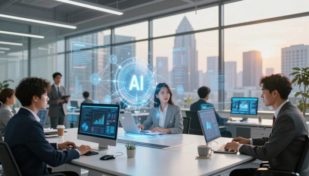 A futuristic office environment showcasing the potential of artificial intelligence in the digital era. In the foreground, a diverse group of professionals in business attire engages with advanced digital interfaces displaying data analytics and AI solutions. The middle ground features sleek, holographic visuals of algorithms and digital networks that symbolize AI technology intertwining with business operations. The background reveals a modern city skyline through large glass windows, bathed in warm, natural light to create an inviting and optimistic atmosphere. The angle captures a dynamic perspective, emphasizing collaboration and innovation, evoking a sense of progress and productivity within the workspace.