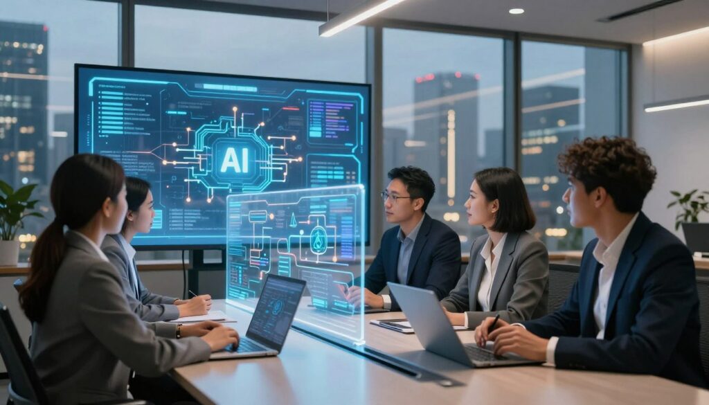A modern corporate office space reflecting the adoption of AI technology in businesses. In the foreground, a group of four diverse professionals in smart business attire, interacting around a sleek conference table with digital interfaces and AI graphics displayed on large screens behind them. In the middle, a transparent digital interface showcasing complex AI algorithms, data visualizations, and flowcharts, symbolizing the challenges and potential of AI in the workplace. The background features futuristic cityscape windows with a soft, ambient glow from the city lights, suggesting innovation. The atmosphere is collaborative and progressive, with soft, warm lighting highlighting the professionalism and engagement of the group, captured from a slightly elevated angle to emphasize the dynamic environment. A modern corporate office space reflecting the adoption of AI technology in businesses. In the foreground, a group of four diverse professionals in smart business attire, interacting around a sleek conference table with digital interfaces and AI graphics displayed on large screens behind them. In the middle, a transparent digital interface showcasing complex AI algorithms, data visualizations, and flowcharts, symbolizing the challenges and potential of AI in the workplace. The background features futuristic cityscape windows with a soft, ambient glow from the city lights, suggesting innovation. The atmosphere is collaborative and progressive, with soft, warm lighting highlighting the professionalism and engagement of the group, captured from a slightly elevated angle to emphasize the dynamic environment.