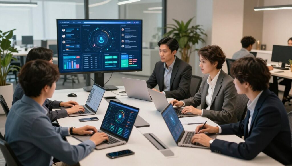 A modern office setting showcasing the integration of AI in marketing and customer service. In the foreground, a diverse group of professionals, dressed in smart business attire, collaborate around a sleek, high-tech conference table, analyzing data on digital devices. In the middle ground, large screens display graphical data visualizations and AI chatbot interactions, highlighting the use of technology in real-time customer engagement. The background features a bright, open workspace with greenery and soft lighting, creating a productive and innovative atmosphere. The overall mood is dynamic and forward-thinking, emphasizing teamwork and technological advancement, captured from a slightly elevated angle to showcase interaction and engagement. The scene is illuminated with warm, natural light, enhancing the inviting ambiance.