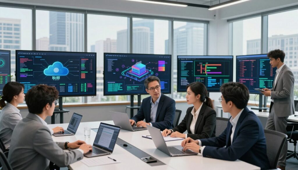 A modern office space focused on AI infrastructure preparation. In the foreground, a diverse group of professionals in business attire, including men and women of various ethnicities, are gathered around a sleek conference table with laptops open, discussing data quality strategies. The middle ground features multiple screens displaying complex data visualizations, cloud infrastructure diagrams, and AI algorithms in vibrant colors. The background showcases a large window with a cityscape view, filled with tall buildings under a bright, clear sky. Soft, even lighting illuminates the scene, evoking a mood of collaboration and innovation. A wide-angle lens captures the dynamic interaction among team members while maintaining a professional atmosphere. A modern office space focused on AI infrastructure preparation. In the foreground, a diverse group of professionals in business attire, including men and women of various ethnicities, are gathered around a sleek conference table with laptops open, discussing data quality strategies. The middle ground features multiple screens displaying complex data visualizations, cloud infrastructure diagrams, and AI algorithms in vibrant colors. The background showcases a large window with a cityscape view, filled with tall buildings under a bright, clear sky. Soft, even lighting illuminates the scene, evoking a mood of collaboration and innovation. A wide-angle lens captures the dynamic interaction among team members while maintaining a professional atmosphere.
