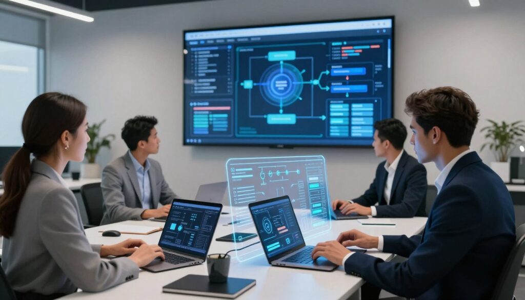 A modern office workspace showcasing the concept of operational process automation through AI. In the foreground, a diverse group of three business professionals in smart attire engage with a transparent digital interface displaying data analytics and automated workflows. In the middle, sleek desks are equipped with advanced laptops and innovative tech tools, while a large screen in the background visualizes complex algorithms and streamlined processes. Soft, ambient lighting enhances a focused atmosphere, while the overall color scheme features blues and whites to signify efficiency and technology. The composition should convey a sense of collaboration and forward-thinking, inviting viewers to envision the future of business operations.