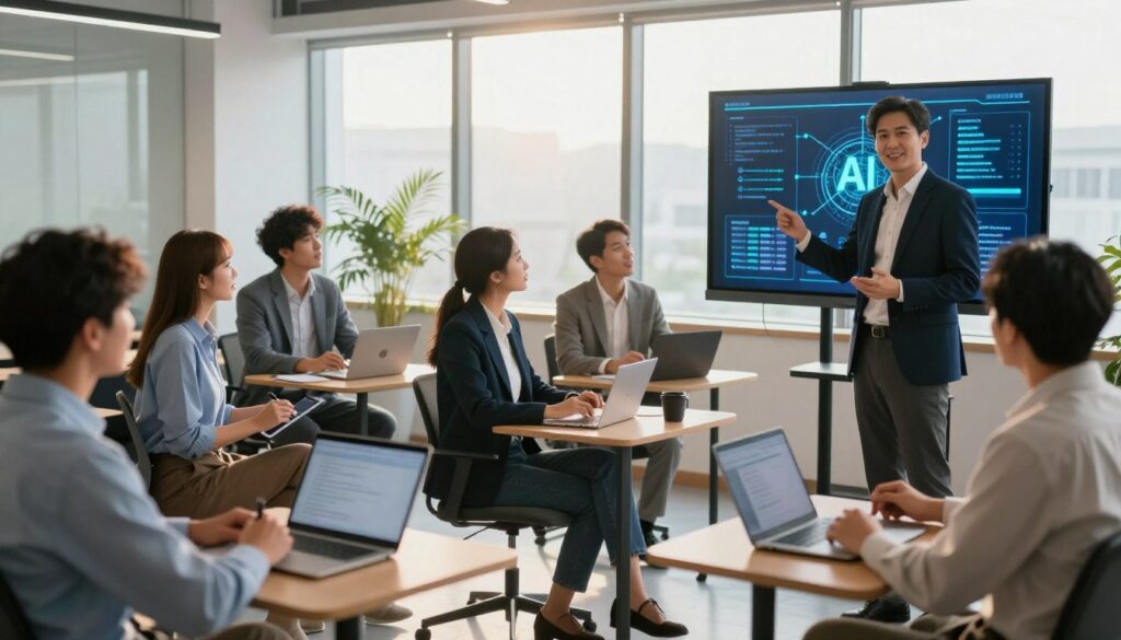 A professional and modern training environment, showcasing a group of diverse executives engaged in a practical AI training seminar. In the foreground, a confident trainer in a suit is demonstrating AI concepts on a large screen, with visuals of AI algorithms and data analytics. In the middle, small groups of participants, dressed in professional business attire, interact eagerly with tablets and laptops, taking notes and discussing. The background features an innovative office setting with large windows allowing natural light to flood in, creating a bright and optimistic atmosphere. The lighting is warm and inviting, emphasizing a collaborative mood as everyone is focused and engaged, symbolizing the bridging of the digital skills gap among executives. The scene conveys a sense of empowerment and progress. A professional and modern training environment, showcasing a group of diverse executives engaged in a practical AI training seminar. In the foreground, a confident trainer in a suit is demonstrating AI concepts on a large screen, with visuals of AI algorithms and data analytics. In the middle, small groups of participants, dressed in professional business attire, interact eagerly with tablets and laptops, taking notes and discussing. The background features an innovative office setting with large windows allowing natural light to flood in, creating a bright and optimistic atmosphere. The lighting is warm and inviting, emphasizing a collaborative mood as everyone is focused and engaged, symbolizing the bridging of the digital skills gap among executives. The scene conveys a sense of empowerment and progress.