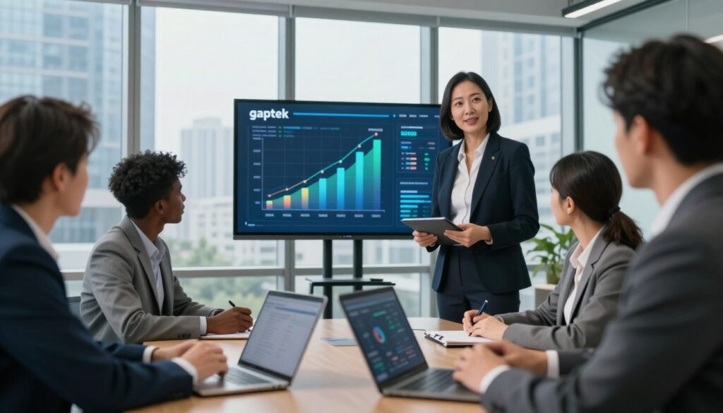 A professional executive meeting scene showcasing a diverse group of executives, both men and women, engaged in a discussion about technology and AI training in a modern office environment. In the foreground, a middle-aged Asian female executive, dressed in a smart blazer, is presenting a digital tablet with data visuals, while a young Black male executive attentively listens, taking notes on a laptop. In the middle ground, a large screen displays a dynamic graph symbolizing the challenge of "gaptek" (technological deficiencies). The background features floor-to-ceiling windows with a view of a bustling urban skyline, allowing natural light to flood the room. The atmosphere is focused and professional, emphasizing the need for corporate training to bridge technology gaps at the executive level. The image should convey a sense of urgency and collaboration in a sleek, modern workspace. A professional executive meeting scene showcasing a diverse group of executives, both men and women, engaged in a discussion about technology and AI training in a modern office environment. In the foreground, a middle-aged Asian female executive, dressed in a smart blazer, is presenting a digital tablet with data visuals, while a young Black male executive attentively listens, taking notes on a laptop. In the middle ground, a large screen displays a dynamic graph symbolizing the challenge of "gaptek" (technological deficiencies). The background features floor-to-ceiling windows with a view of a bustling urban skyline, allowing natural light to flood the room. The atmosphere is focused and professional, emphasizing the need for corporate training to bridge technology gaps at the executive level. The image should convey a sense of urgency and collaboration in a sleek, modern workspace.