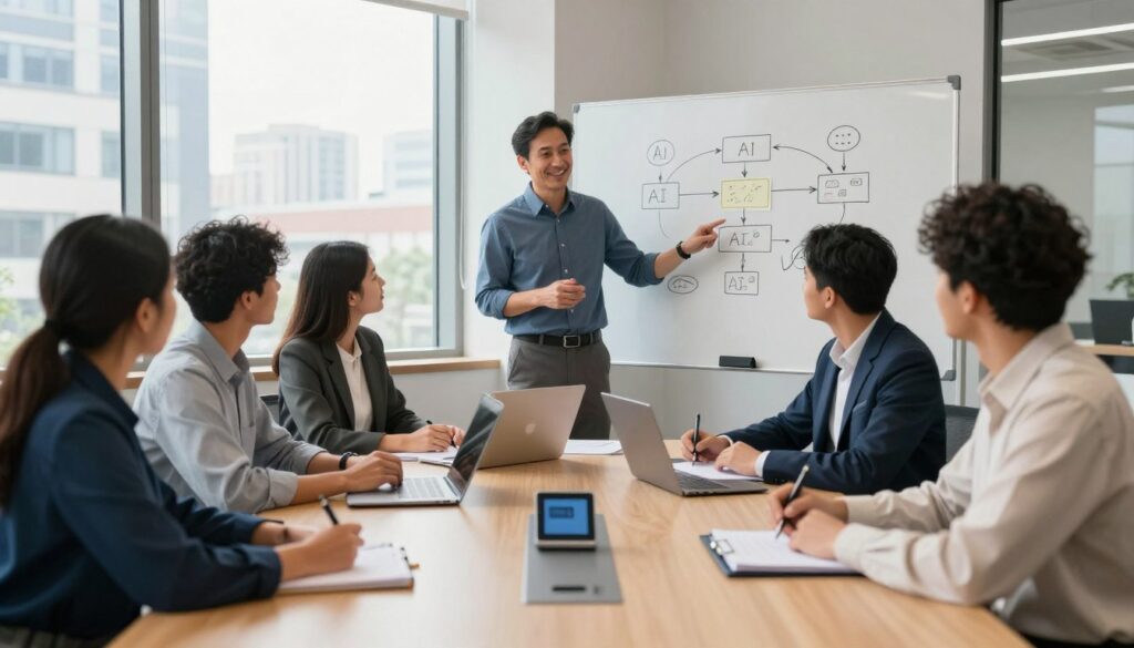 Mentor membimbing tim bisnis mengevaluasi penerapan AI di perusahaan