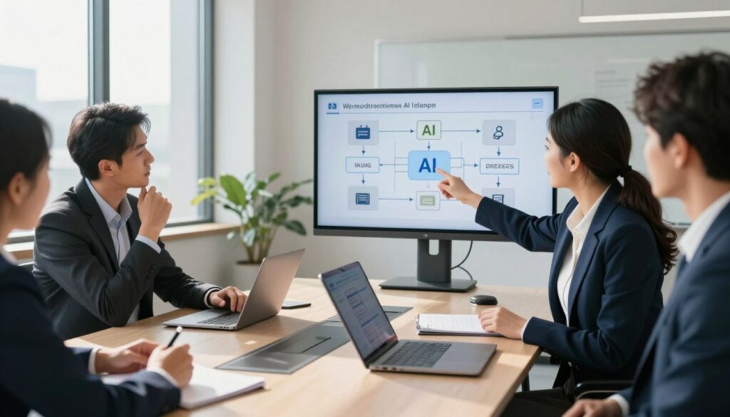 A professional office setting depicting a diverse group of business professionals engaged in a collaborative discussion around a sleek conference table. In the foreground, a woman in a smart business suit points to a digital display showing a step-by-step flowchart for AI adoption. To the left, a man in formal attire nods thoughtfully while holding a tablet. The background features large windows with bright natural light streaming in, casting soft shadows across the room. The atmosphere is one of focus and innovation, with modern tech elements like laptops and whiteboards. Capture the scene from a slightly elevated angle to convey a sense of dynamism and collaboration while maintaining a polished, professional tone. A professional office setting depicting a diverse group of business professionals engaged in a collaborative discussion around a sleek conference table. In the foreground, a woman in a smart business suit points to a digital display showing a step-by-step flowchart for AI adoption. To the left, a man in formal attire nods thoughtfully while holding a tablet. The background features large windows with bright natural light streaming in, casting soft shadows across the room. The atmosphere is one of focus and innovation, with modern tech elements like laptops and whiteboards. Capture the scene from a slightly elevated angle to convey a sense of dynamism and collaboration while maintaining a polished, professional tone.