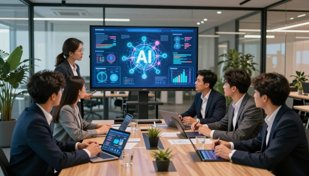 A sophisticated business environment showcasing the competitive advantages and benefits of Artificial Intelligence (AI). In the foreground, a diverse group of professionals in smart business attire engages in a dynamic brainstorming session, analyzing charts and data on digital tablets. In the middle ground, a large screen displays vibrant infographics with AI-related imagery, such as neural networks and algorithms, symbolizing innovation. The background features a modern office with glass walls and greenery, emphasizing a forward-thinking atmosphere. Soft and warm lighting highlights the collaboration, while a wide-angle perspective captures the energy and optimism of the team, creating an engaging and inspiring mood that reflects the strategic advantages of AI in business. A sophisticated business environment showcasing the competitive advantages and benefits of Artificial Intelligence (AI). In the foreground, a diverse group of professionals in smart business attire engages in a dynamic brainstorming session, analyzing charts and data on digital tablets. In the middle ground, a large screen displays vibrant infographics with AI-related imagery, such as neural networks and algorithms, symbolizing innovation. The background features a modern office with glass walls and greenery, emphasizing a forward-thinking atmosphere. Soft and warm lighting highlights the collaboration, while a wide-angle perspective captures the energy and optimism of the team, creating an engaging and inspiring mood that reflects the strategic advantages of AI in business.