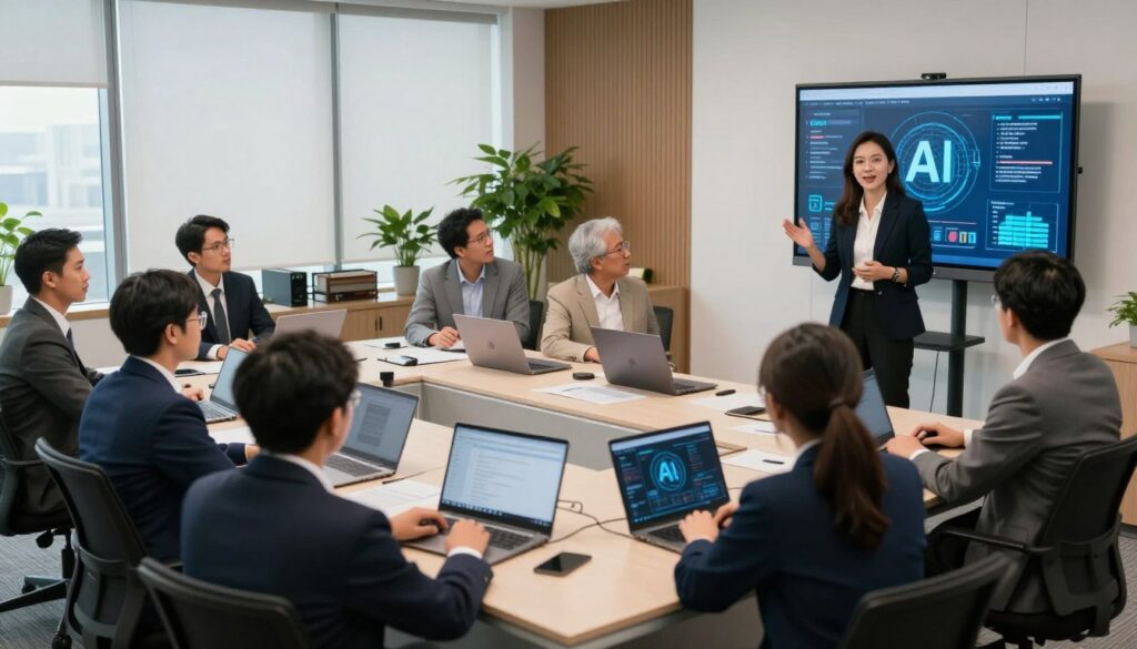 In a modern corporate training room, a diverse group of professionals dressed in business attire is engaged in an AI training session. The foreground showcases a female instructor, animatedly presenting on a large screen displaying AI graphics and data. The middle ground features attentive participants, focused on their laptops, with various age groups and ethnicities represented, reflecting Indonesia's diversity. In the background, sleek office decor and potted plants create a professional yet welcoming atmosphere. Soft, natural lighting illuminates the room, enhancing a mood of collaboration and innovation. The camera angle is slightly elevated, capturing the dynamic interaction and the modern design of the training space, embodying a forward-thinking approach towards AI integration in corporate culture. In a modern corporate training room, a diverse group of professionals dressed in business attire is engaged in an AI training session. The foreground showcases a female instructor, animatedly presenting on a large screen displaying AI graphics and data. The middle ground features attentive participants, focused on their laptops, with various age groups and ethnicities represented, reflecting Indonesia's diversity. In the background, sleek office decor and potted plants create a professional yet welcoming atmosphere. Soft, natural lighting illuminates the room, enhancing a mood of collaboration and innovation. The camera angle is slightly elevated, capturing the dynamic interaction and the modern design of the training space, embodying a forward-thinking approach towards AI integration in corporate culture.