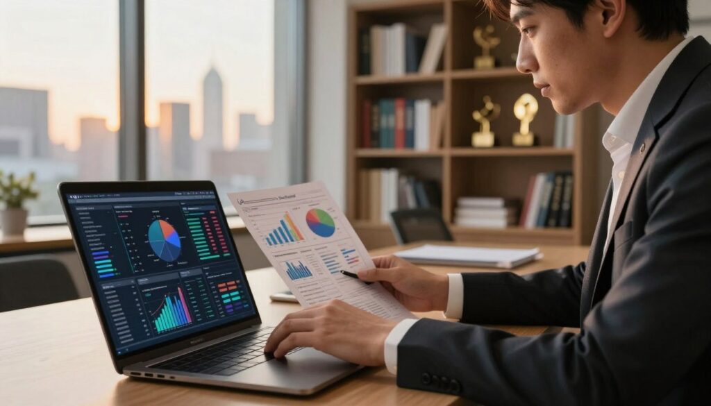 Analis bisnis meninjau data sebelum mengambil keputusan berisiko tinggi