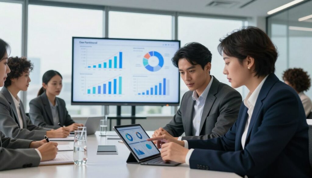 Tim bisnis membandingkan data dan pilihan sebelum menetapkan keputusan penting