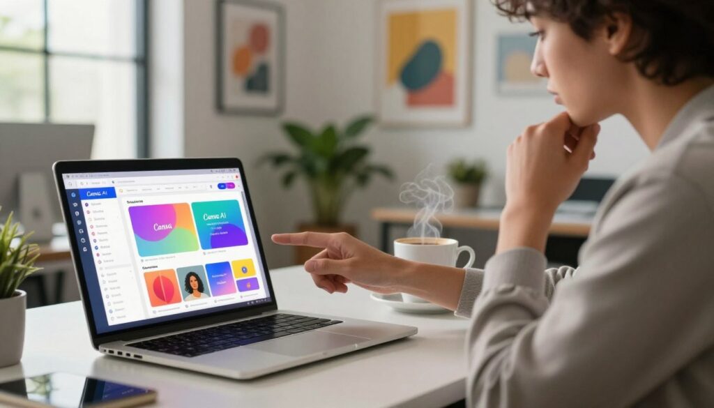 Profesional menggunakan Canva AI untuk menyusun komunikasi visual bisnis