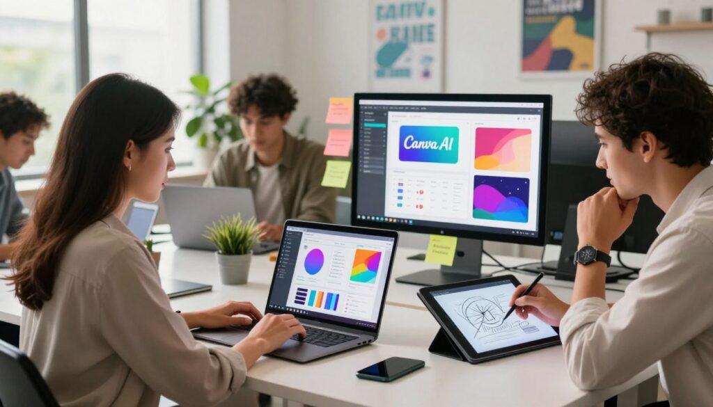 Tim berkolaborasi membuat konten dan desain dengan fitur Canva AI